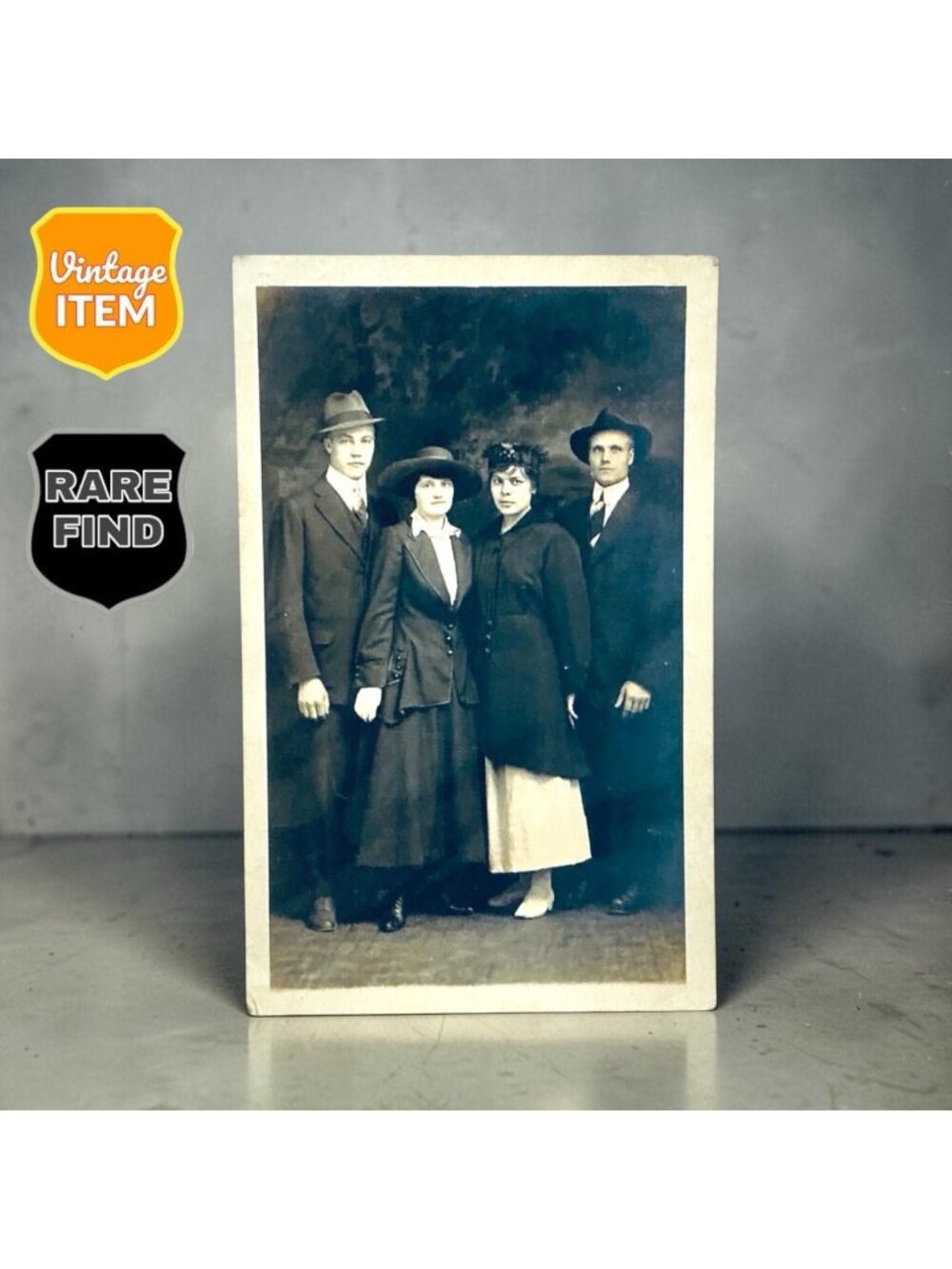 Old Antique Real Photo Postcard of Two Married Couples. 5.5 x 3.5